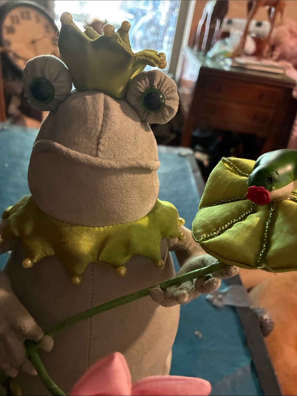 Frog Prince Reptile Stuffed Decor in Green with Pink Lily - Picture 4 of 14